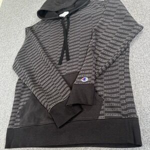 Champion Hoodie Mens Medium Black White Reverse Weave All Over Print Pullover